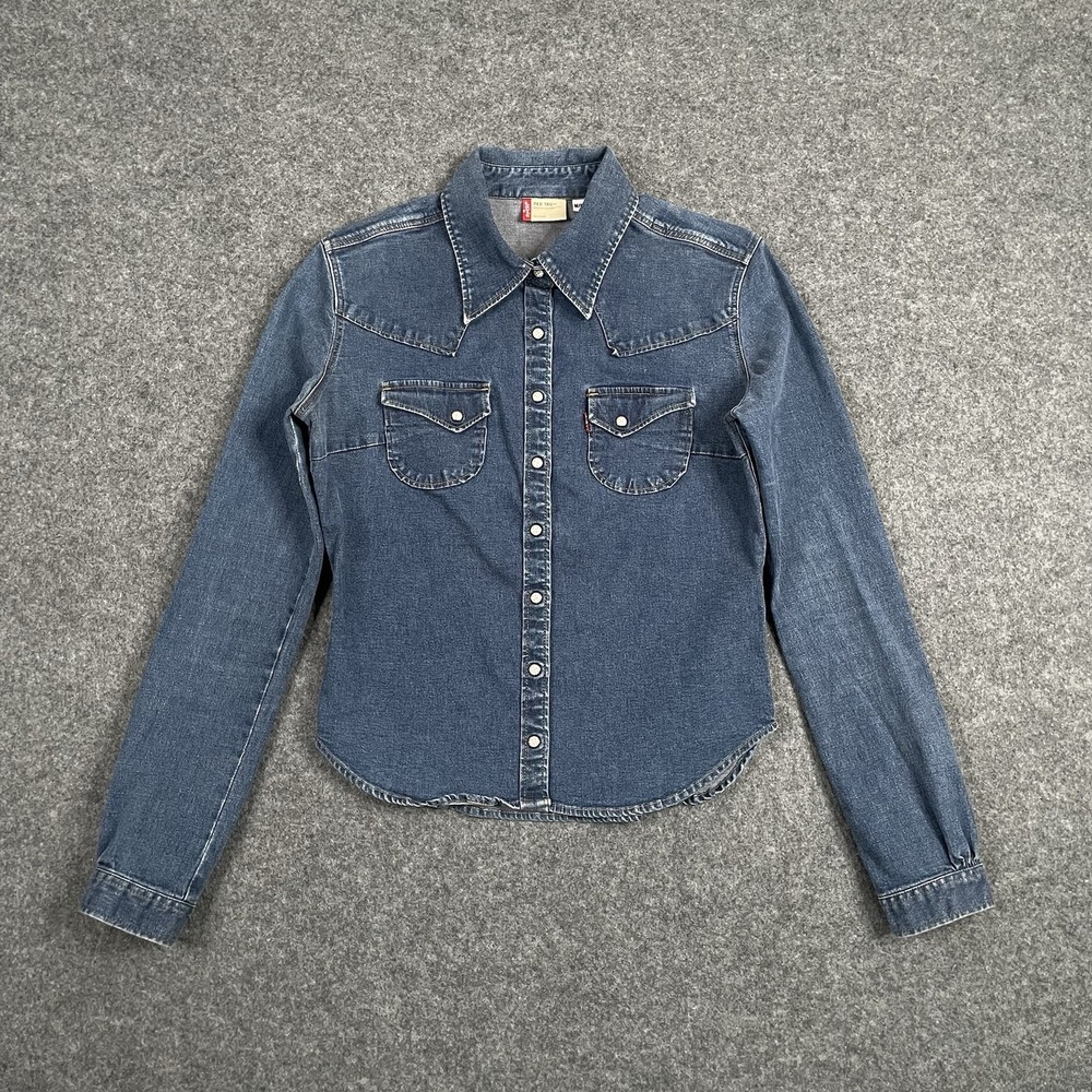 Vintage Levi's Western Denim Snap Shirt Womens M Blue Longhorn Flap Red Tab